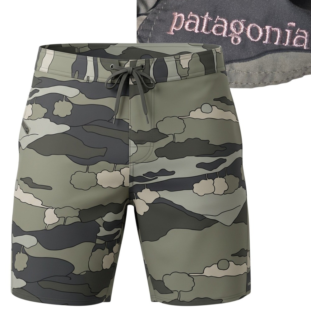 Patagonia Board Shorts Mens 38 Green Camo Tree Cloud Swim Trunks Drawstring